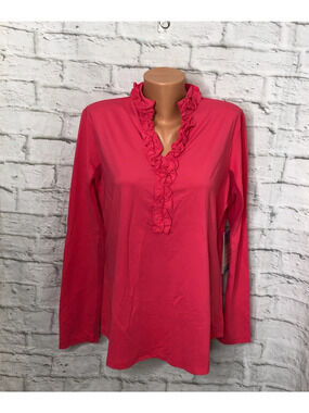 NWT GOTTEX G LIFESTYLE Coral Double Ruffle Long Sleeve Golf Shirt Size XL
